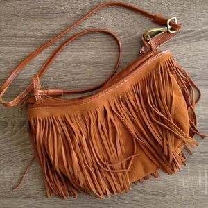 NWOT genuine brown leather fringe cross body purse